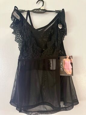 MARILYN MONROE INTIMATES Black Lace Racerback Cami Babydoll Tanga Set - Size L/G